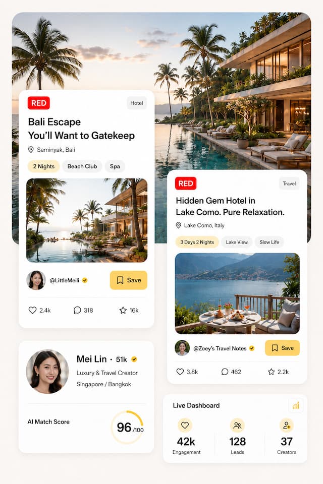 Daisy Club product collage with RedNote content, creator cards, and performance dashboard