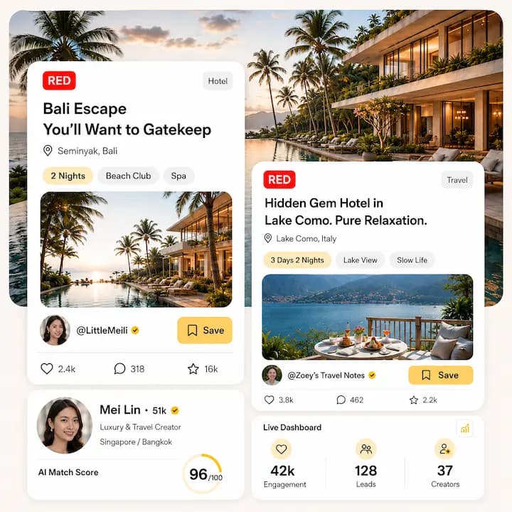 Daisy Club product collage with RedNote content, creator cards, and performance dashboard
